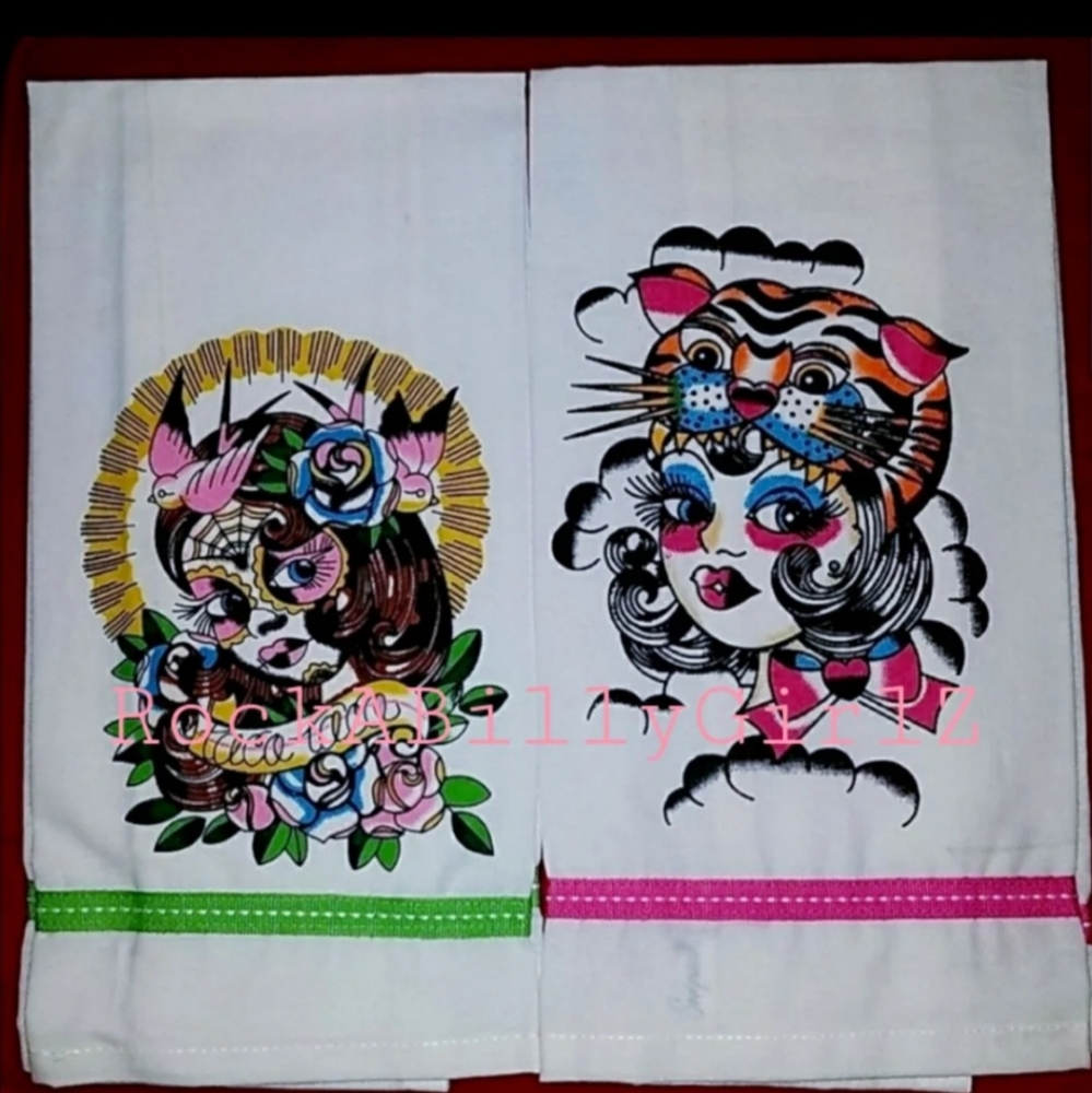 Sourpuss LiL Lula & On The Prowl 2pc Tattoo Art Hand Towels by Mimsy Gleeson - Picture 2 of 6
